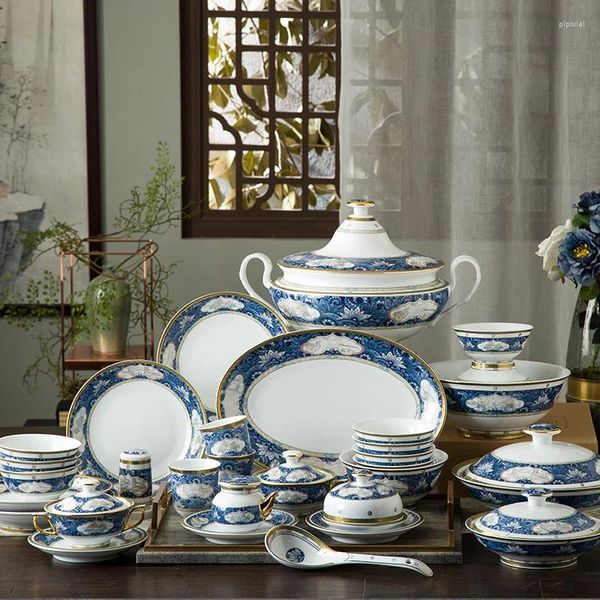 Conjuntos de louça de alta temperatura placa cerâmica talheres chinês azul e branco esmalte doméstico tigela pratos conjunto presente