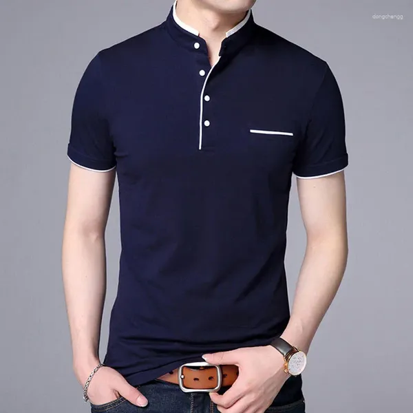 Polos masculinos verão polo camisa masculina moda mandarim colarinho fino ajuste cor sólida camiseta algodão respirável de secagem rápida tee causal topo masculino