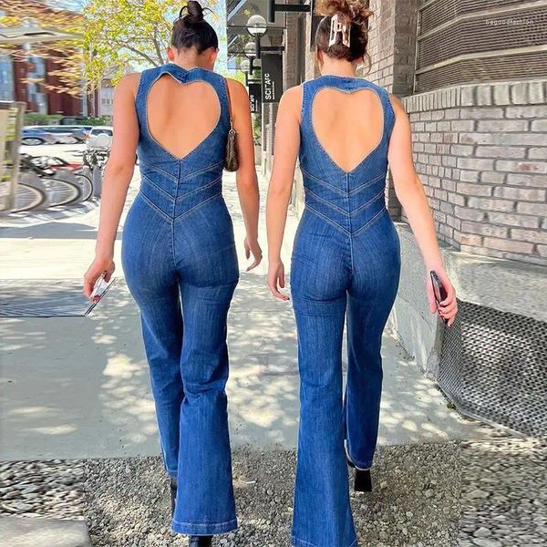 Kadın Kotları 2023 Sokak Moda Şeridi Açık Geri Denim Geniş Bacak Pantolonları Tulumlar Yüksek Bel Parlama İnce Fit Tulum