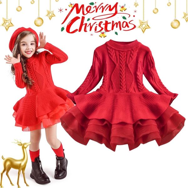 Dancewear Bambini Abito rosso natalizio per ragazza Principessa Abiti a maniche lunghe in maglia Autunno Inverno Caldo Festa di compleanno Costume natalizio 231030