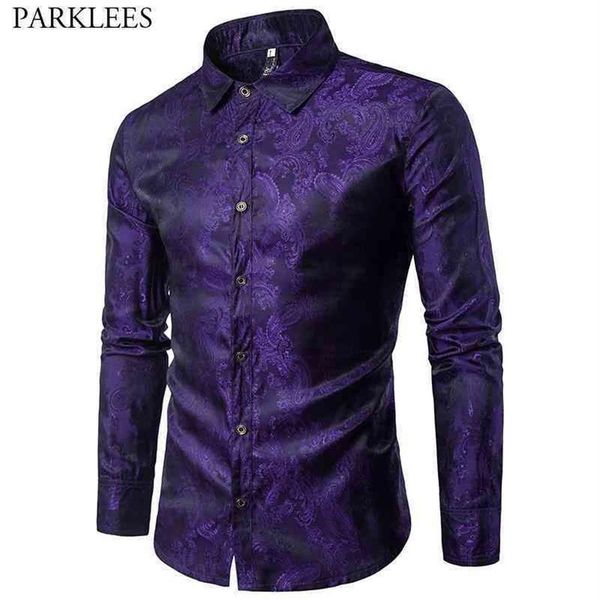 Camicia di seta con stampa floreale viola Paisley Uomo Moda Slim Fit Manica lunga Camicie eleganti da uomo Camicia sociale maschile per eventi di festa 2105222682