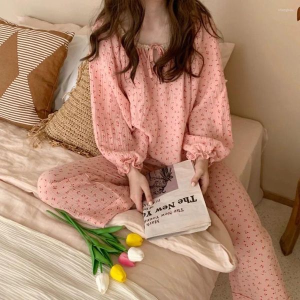 Mulheres sleepwear fio de algodão mulheres pijama conjuntos cereja impresso manga longa doce meninas doce cor aconchegante casual loungewear