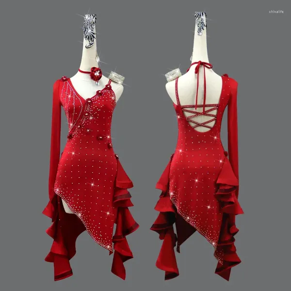 Сценическая одежда, красное платье для соревнований по латинским танцам, женское сексуальное профессиональное выступление, короткая юбка для девочек, большой размер на заказ