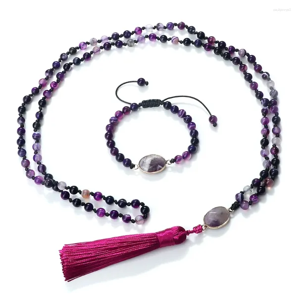 Halskette Ohrringe Set 108 Mala Rosenkranz 6 mm natürliche lila Achate Stein Gebet Heilung Perlen Armband für Frauen Quaste geknotet lange Schmuck