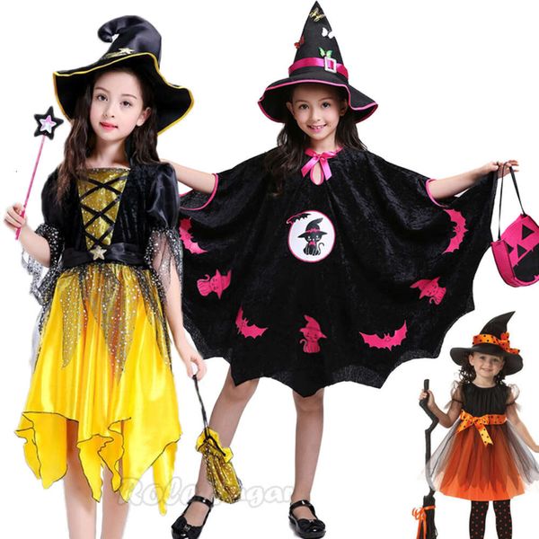 Mädchen Vampir Hexe Party Kleid Süßigkeiten Tasche Mantel Magie Hut Kleidung Sets Cosplay Kinder Karneval Kinder Kürbis Halloween Kostüm