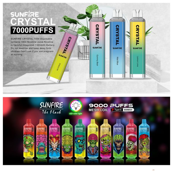 Sunfire 9000/7000 Puffs Einweg E-Zigarette 18ml/16 ml Vape 0% 2% 3% 5% wiederaufladbare 600-mAh-Batterie-Tornado Vape 9000 Puff 7000 Puffs Vapers Europe Frankreich Deutschland