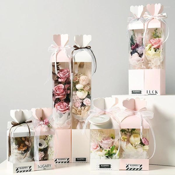 Confezione regalo Scatole per imballaggio di fiori Organizzatore portatile per bouquet di rose Custodia per imballaggio per finestre trasparente Forniture per matrimoni