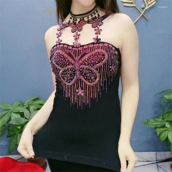 Canotte da donna Canottiere con diamanti brillanti Camicetta femminile Abbigliamento esterno Netto Rosso Bellezza Fondo posteriore Camis Tees Donne sexy Canotta a farfalla