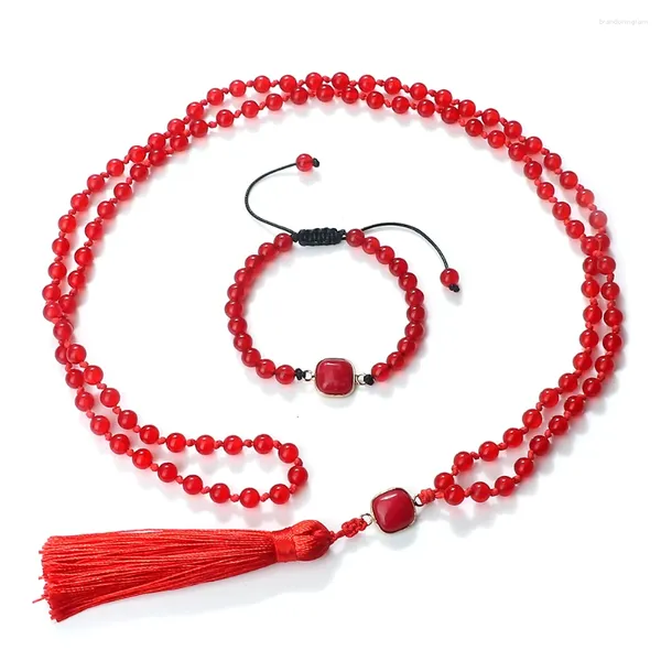 Halskette Ohrringe Set Mode Frauen Schmuck 108 Mala Rosenkranz geknotet 6mm rot gelb Chalcedon Stein Perlen Armband lange Quaste Halsketten