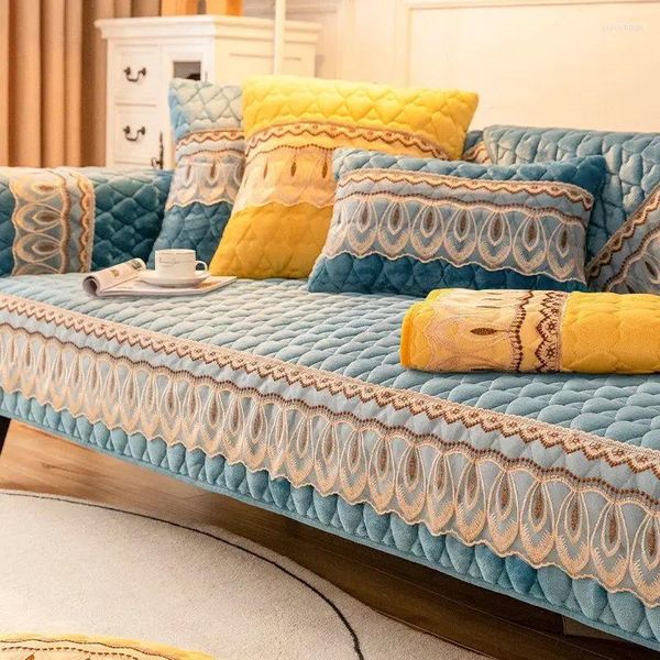 Cadeira cobre inverno pelúcia quente sofá capa renda antiderrapante de alta qualidade encosto toalha móveis completos à prova de poeira protetora