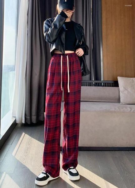 Frauen Hosen Herbst Winter Plaid Breite Bein Frauen Mit Hoher Taille Gerade Rohr Lose Schottischen Stil Hause Casual Outdoor