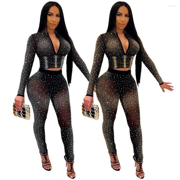 Calças femininas de duas peças Sparkle Crystal Set (preto) 2023 Outono Ver através de strass Studded Crop Top e Legging Party Club usa MT499