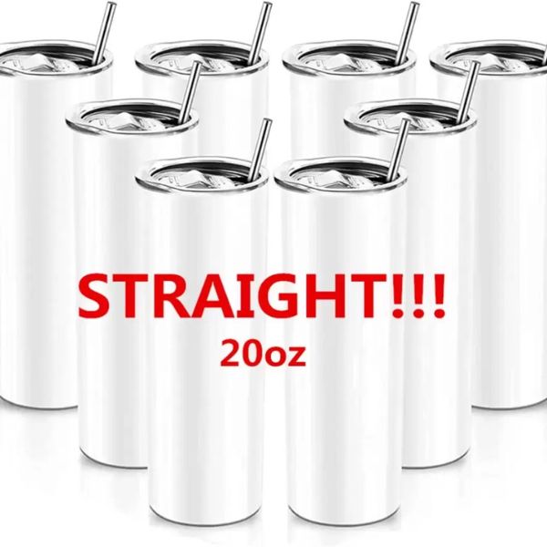 US / CA Stock 20 once Bicchieri DRITTI Bottiglie Vuote Sublimazione Tazze da caffè sottili con coperchio e boccali di birra in paglia di plastica 1031