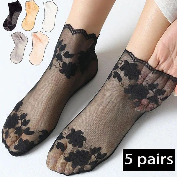 Kadın SOCKS 5 FAIRE YAZ NEFRABİLİR ELEKTİK BAYANLAR İnce Yapraklar Tekne Çorap Şeffaf Dantel Görünmez Sox Lolita Sokken