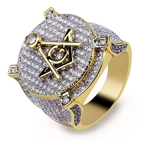 Luxo hip hop mason símbolo anéis maçônicos masculinos micro pave zircônia cúbica bling diamantes simulados 18k banhado a ouro ring285d