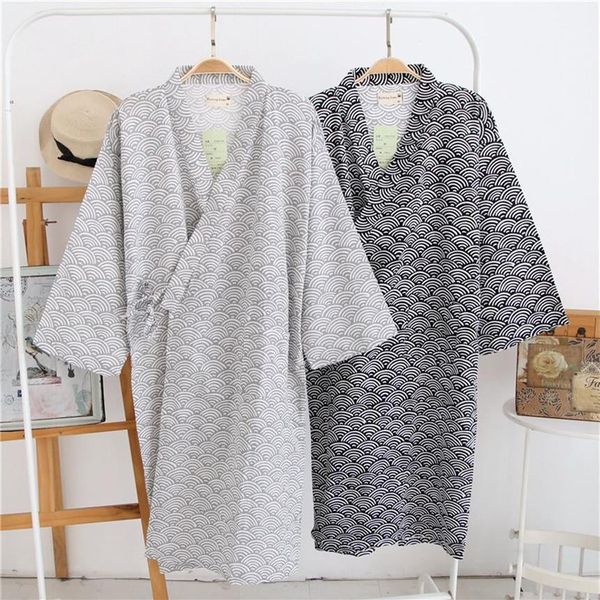 Amantes Simples Pijamas Japonês quimono roupões homens primavera manga comprida 100% algodão roupão moda casual ondas vestir Gown291o