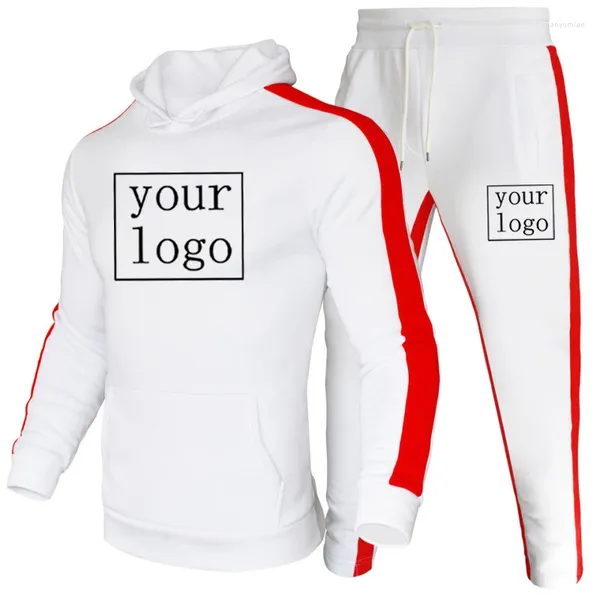 Fatos masculinos Costom Logo Moda Mens Hoodies 2 Peça Define Tracksuit Color Block Listras Sportswear Inverno Quente Jogging Terno