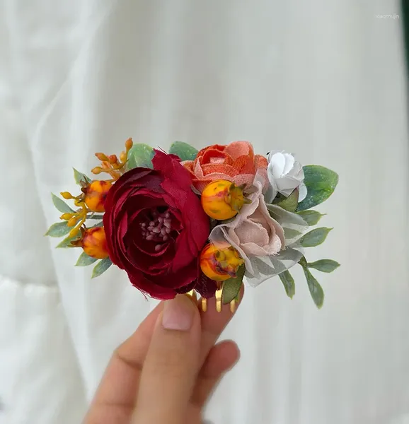 Accessori per capelli Pettine da sposa per ragazza di fiori arancione bruciato bordeaux