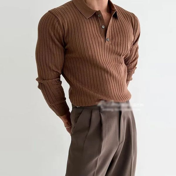 Polos masculinos outono manga longa malha polo camisa masculina moda com nervuras cor sólida magro polo t-shirts de malha mens casual botão lapela pullovers 231030