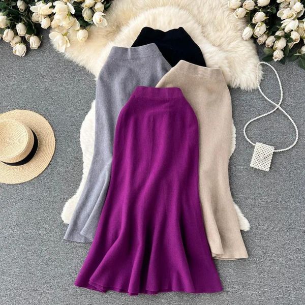 Gonne Donna Chic Sexy Gonna a ruota in maglia a vita alta Elegante moda coreana Hip Wrap Gonna a trombaAbbigliamento estivo dolce