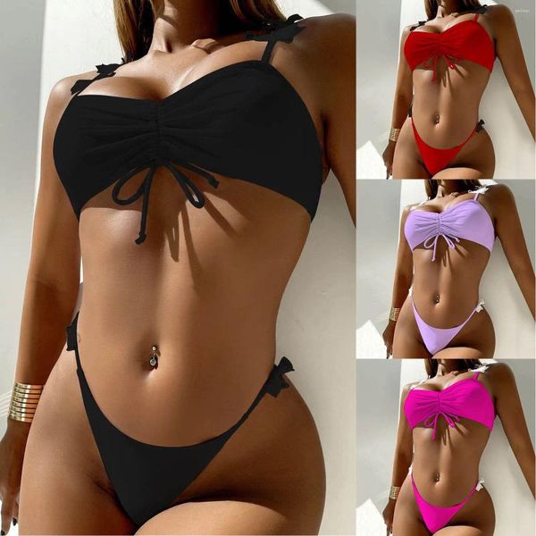 Женский купальник-бандо, женский текстурированный сексуальный бикини с эффектом пуш-ап, 2023, однотонный купальный костюм, бразильский пляжный костюм, женский бикини