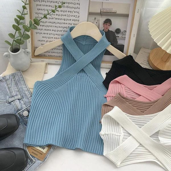 Damen Tanks Pearl Diary Frauen Stricken Neckholder Tops Sommer Kalte Schulter Sexy Crop Einfarbig Kreuz Vorne Y2K Chic Für