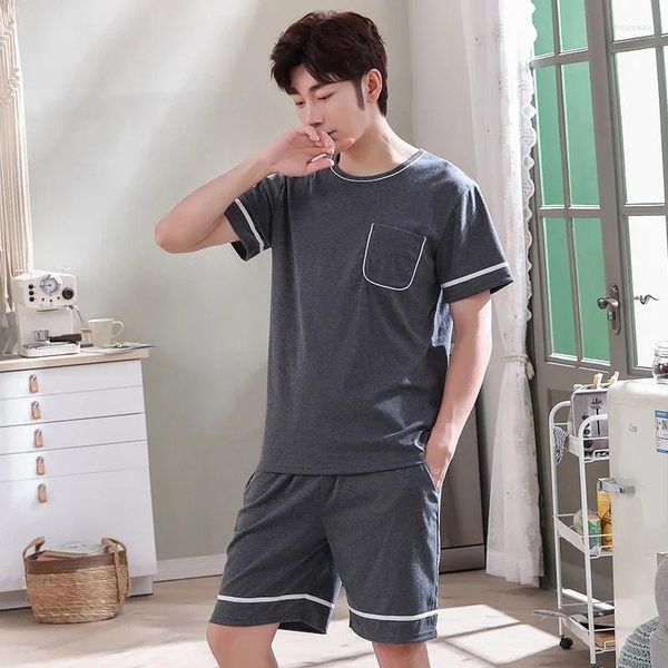 Pijamas masculinos o pescoço de algodão completo verão manga curta shorts pijamas conjunto tamanho grande L-4XL ternos de lazer pijamas masculinos