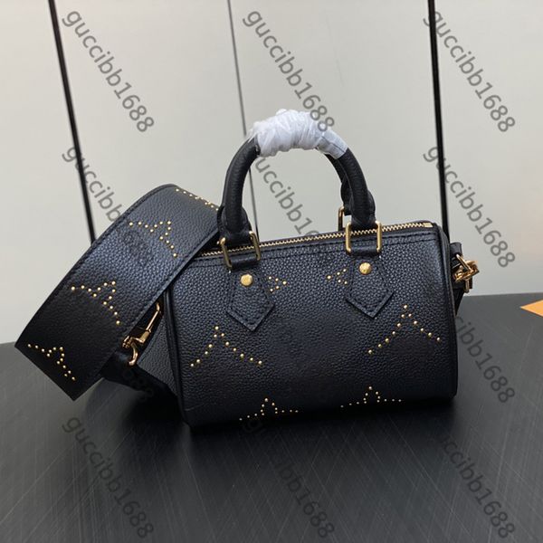 10A Mirror Quality Designer Nano Speedy Bag 16cm Borsa da donna in pelle grana con rivetto Borse con manico di lusso Borsa nera con pochette Borsa a tracolla con tracolla con scatola