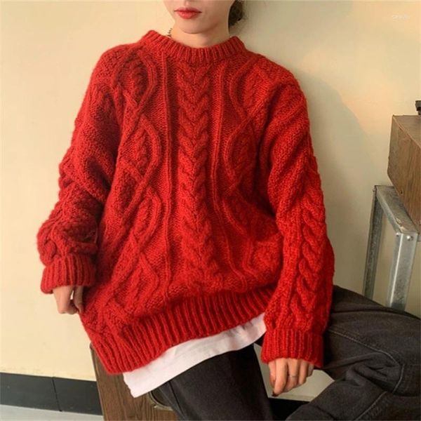 Damenpullover, rot, Winterpullover, Vintage, warm, gestrickt, O-Ausschnitt, Pullover, Damen, elegant, Basic, locker, weich, Kleidung, Damenmode, Strickwaren