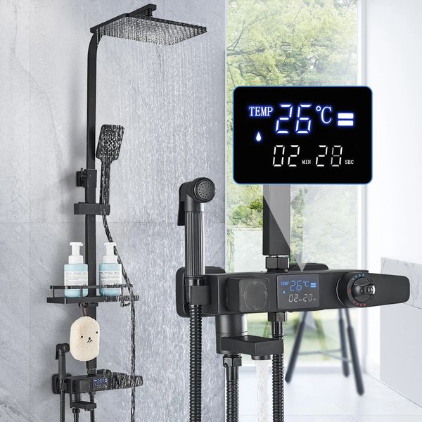 Cabeças de chuveiro do banheiro termostática digital lcd torneira conjunto montagem na parede com rack bidé pulverizador sistema misturador água fria 231030