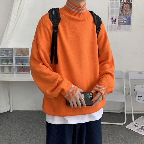 Männer Pullover Männer Hip Hop Orange Männer Langarm Shirts Mock Neck Mode Kleidung Koreanische Gestrickte Herren