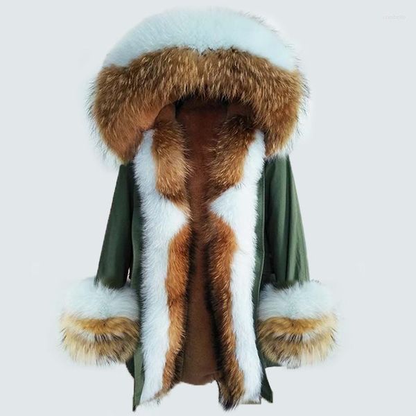 Женские траншевые пальто Oftbuy 2022 Long Parka Real Murce Hoat Winter Jacke Женщины натуральный еновый воротник капюшон с толстой верхней крышкой