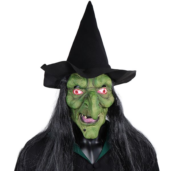 M￡scaras de festa Halloween Horror Old Witch Mask com chap￩u cosplay palha￧o assustador hag l￡tex verde face grande nariz feminino figurina adere￧os 220901