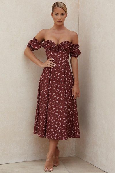 Abiti casual 2022 Summer Women Print Dress Sexy Ruffled Off Shoulder Split Floral Celebrity Evening Mid Calf Party Bodycon