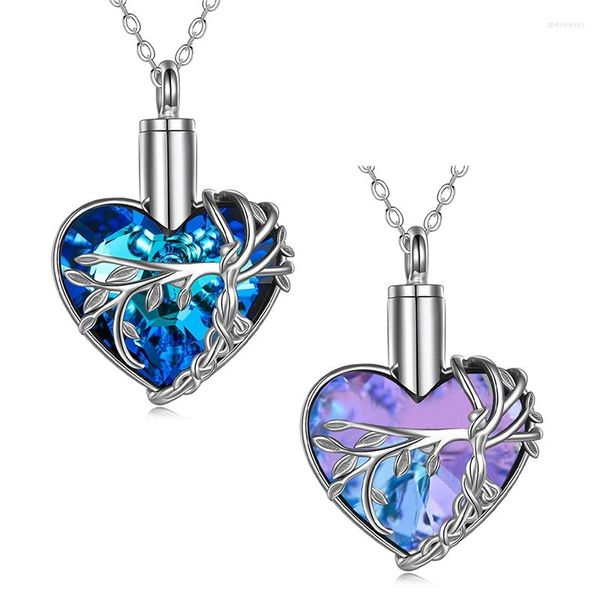 Ketten Urne Halskette für Asche Legierung Silber Farbe Baum des Lebens Kristall Feuerbestattung Schmuck Herz Speicher Frauen