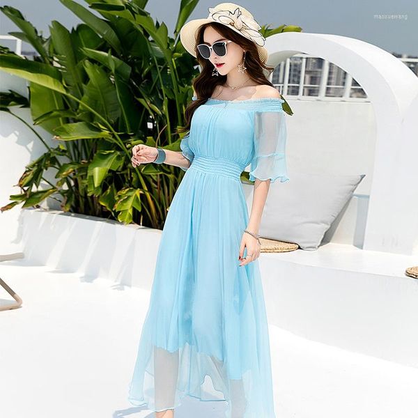 Casual Kleider Echt 200% Seide Sommer Kleid Frauen Kleidung Boho Vintage Schulterfrei Maxi Frau Strand Party Vestidos 2299442Casual