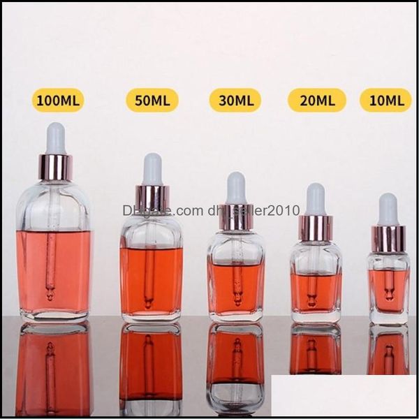 Garrafas de armazenamento frascos de 10 a 100 ml garrafa quadrada tampa de ouro rosa gotas de gotas eliquid garrafas de maquiagem Ferramenta de armazenamento cosmético de vidro DHPMD CLEY DHPMD