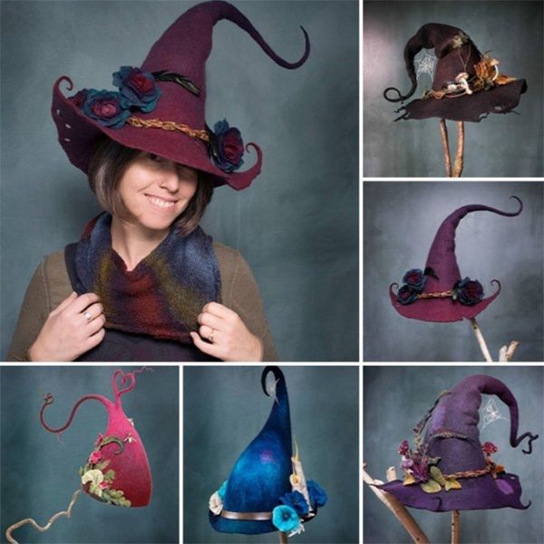 Cappelli a tesa larga Cappello da strega Cosplay Costume di Halloween Streghe Decorazione divertente Fantasia per uomo Adulti Bambini Oggetti di scena Forniture per feste per eventi 220901