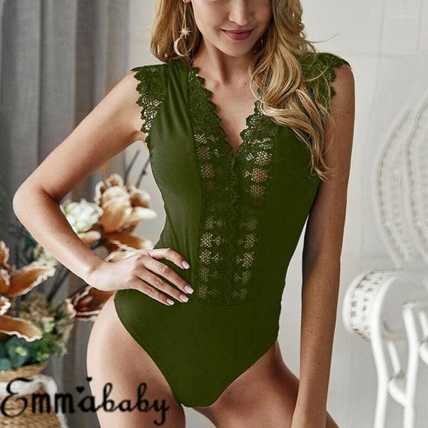 Kadın Tulumları Kadınların Turlandırıcıları Kadınlar V Yastık Boyun Çizgisi Bodysuits Kolsuz Dantel Dekorasyon Sıska Uygun Tip Seksi Stil Katı Desen