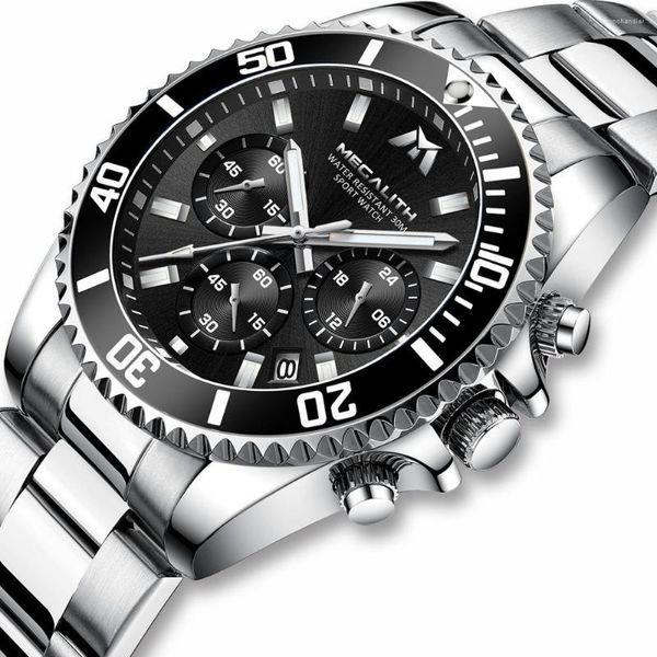 Armbanduhren GroßhandelspreisMEGALITH Edelstahlband Quarzuhr Mann Mode Wasserdicht Datumsanzeige Chronograph Business für Männer