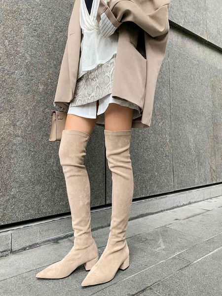 Botas moda camurça mulheres sobre o joelho marca apontou toe saltos baixos senhoras chelsea coxa nova primavera outono 220901