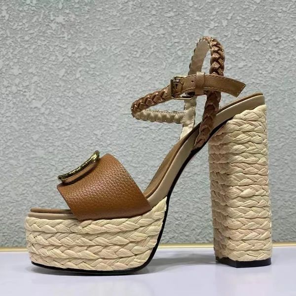 Chinelos Designer Sandálias Mulheres Sapato Verão Moda Fivela Strap Weave Lafite Grama Patchwork Genuíno Couro Alto Salto Plataforma Sapatos Sexy Womens Sandal13cm