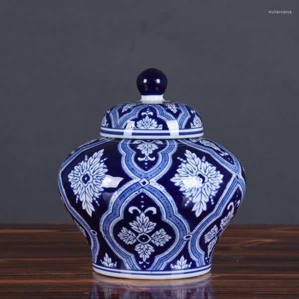 Garrafas de armazenamento estilo chinês azul e branco tanque de porcelana retro Casa antiga general com capa Tea Food Box