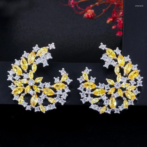 Baumelnde Ohrringe CWWZircons Einzigartiges elegantes Design Silber Farbe Big Leaf Flower Yellow CZ Crystal Drop für Frauen Modeschmuck CZ621