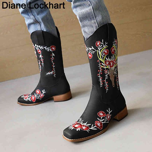 Boots Vintage Western Cowboy Women Flower Totem Low Heel Boot Женщина британская вышиваемая обувь Chaussures Femme Zapatos Mujer 220901