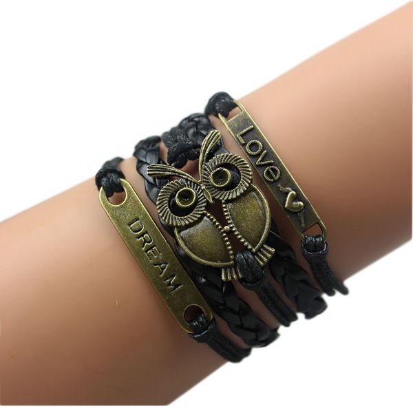 Leather Love Angels Terceira pulseira de couro Big Eyes Owl Dream Acess￳rios antigos