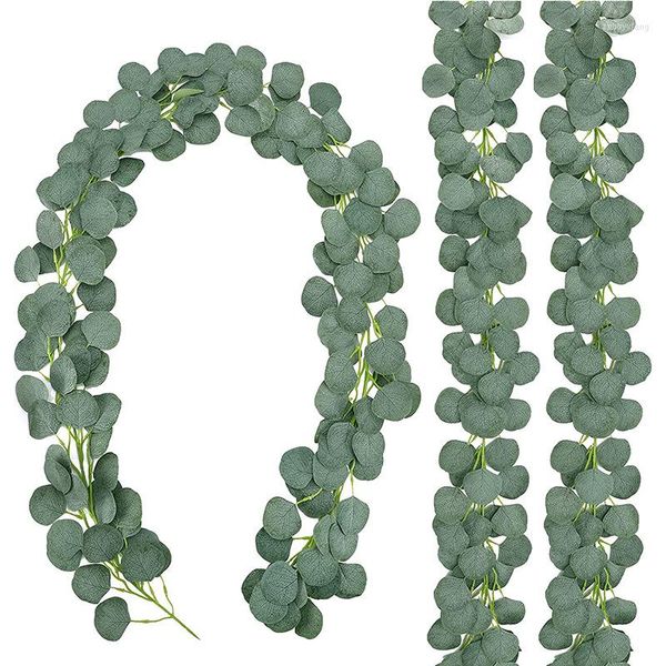 Flores decorativas 1.8m Eucalyptus guirlanda artificial decoração de parede de parede prateada vegetação folhas de videiras para arco de casamento