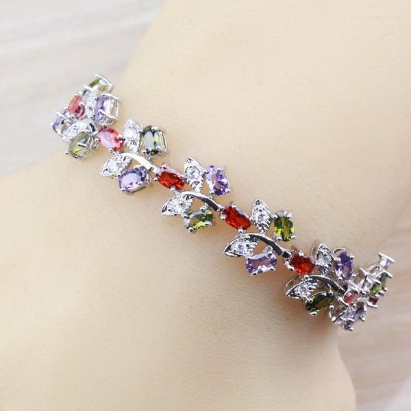 Link Armbänder Fantastische Bunte Multi-Color Edelsteine Silber Farbe Armband Gesundheit Mode Schmuck Für Frauen Free Box SL58