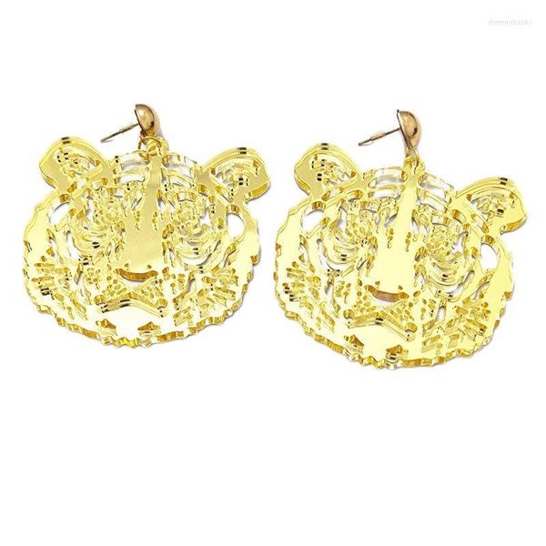 Brincos pendentes KUGUYS cabeça de tigre vazada para mulheres espelho cor de ouro grande animal feroz rocha acessórios de joias vintage