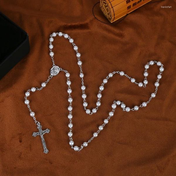 Colares pendentes Virgem Mary Triangle Pearl Rosário Colar Colar Catholic Christian Wedding Oração de contas